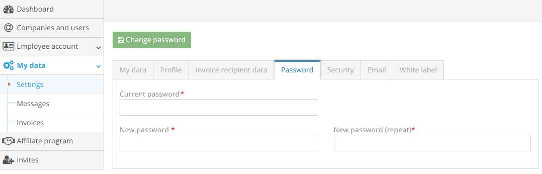 Changing account password screen example