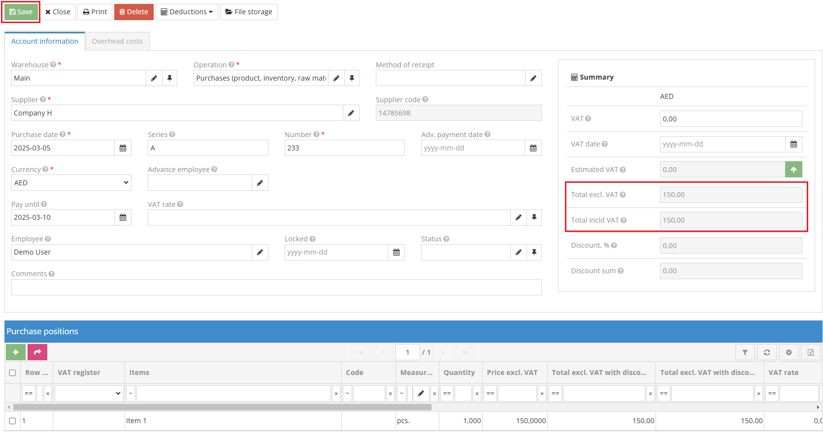 Verifying and saving purchase document totals