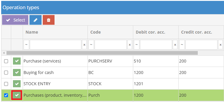 Choosing the operation type from the window