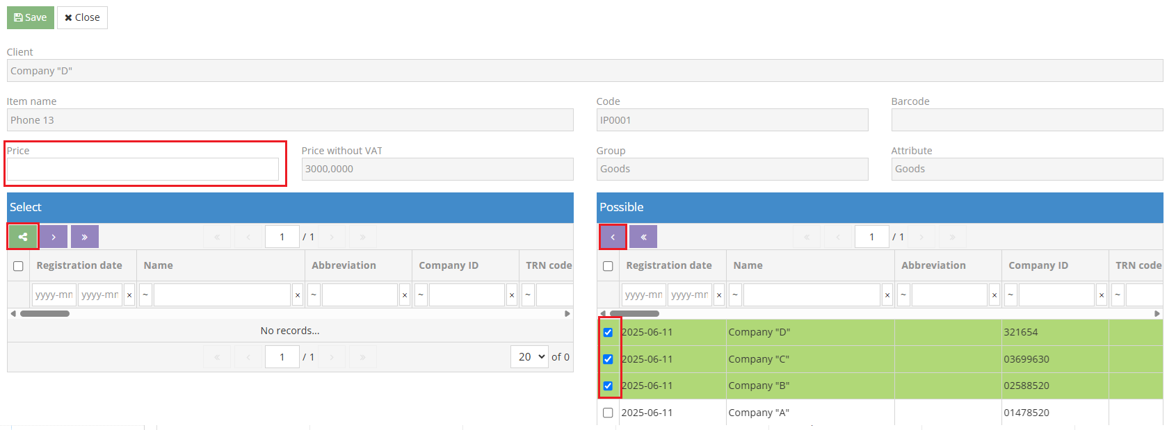 Форма установки цены для выбранных клиентов
