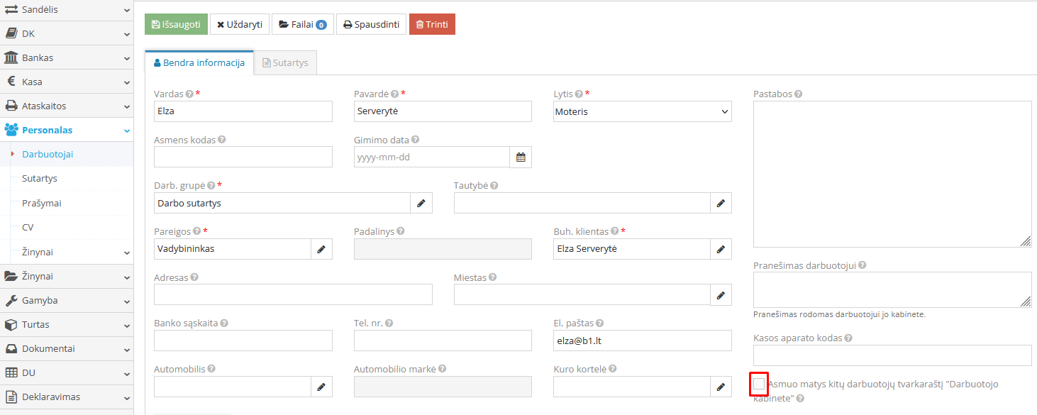 Tvarkaraščio rodymas Darbuotojo kabinete darbuotojo kortelėje
