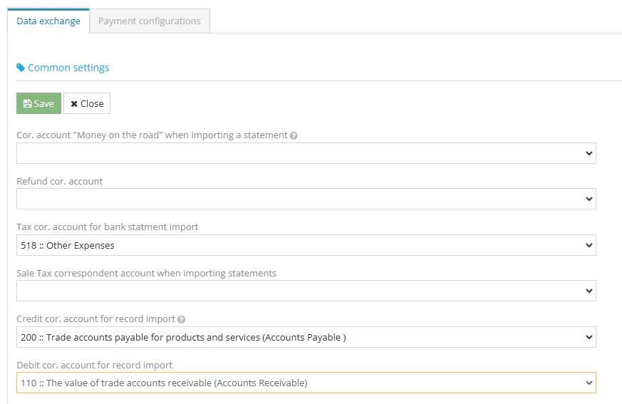 Data exchange settings example in accounting software