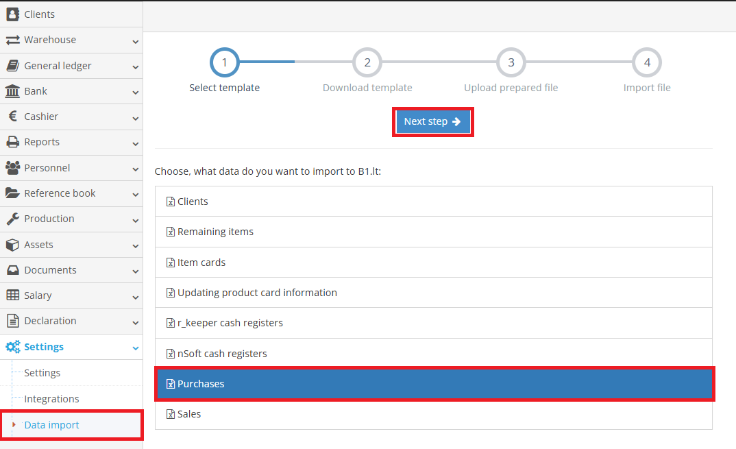 Data import type selection for purchase documents