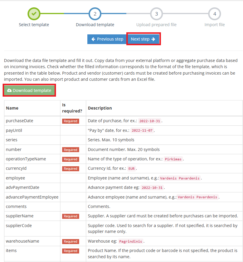 Downloading Excel template for purchase document import