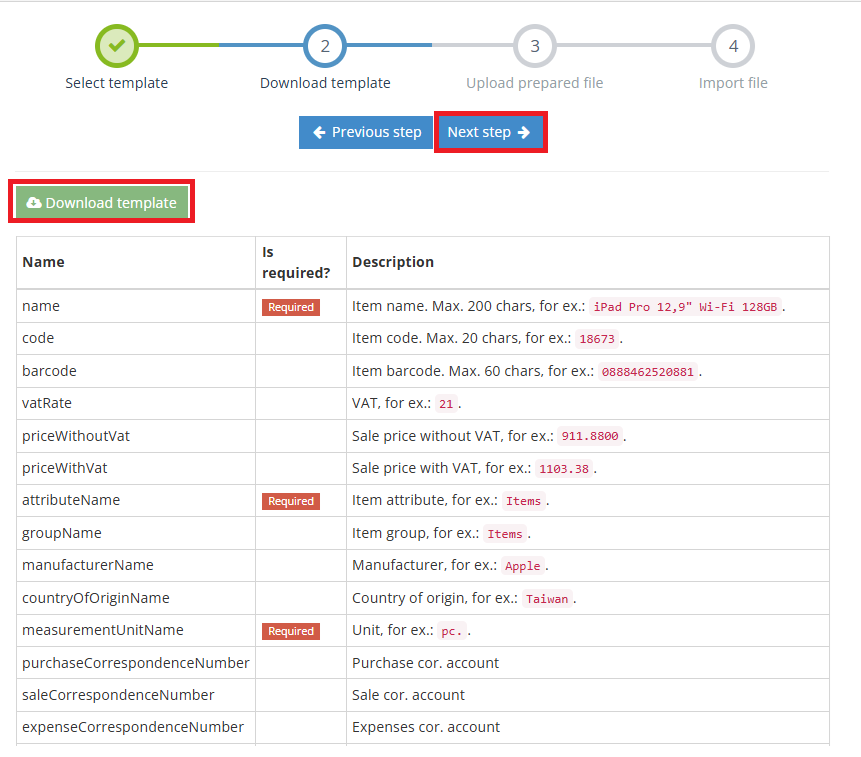 Download template and next step for data import