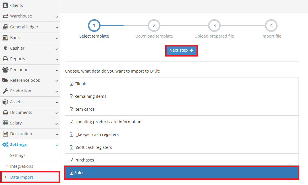 Data import sales window in Site.pro accounting program interface