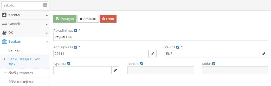 Detali banko sąsajos su kor. sąskaita informacija