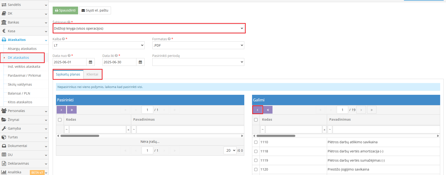 Didžiosios knygos ataskaitos generavimo langas