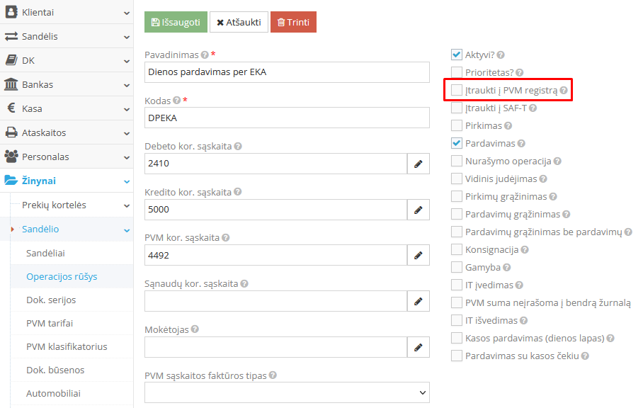 Dienos pajamų registravimo operacijos kvito tipui