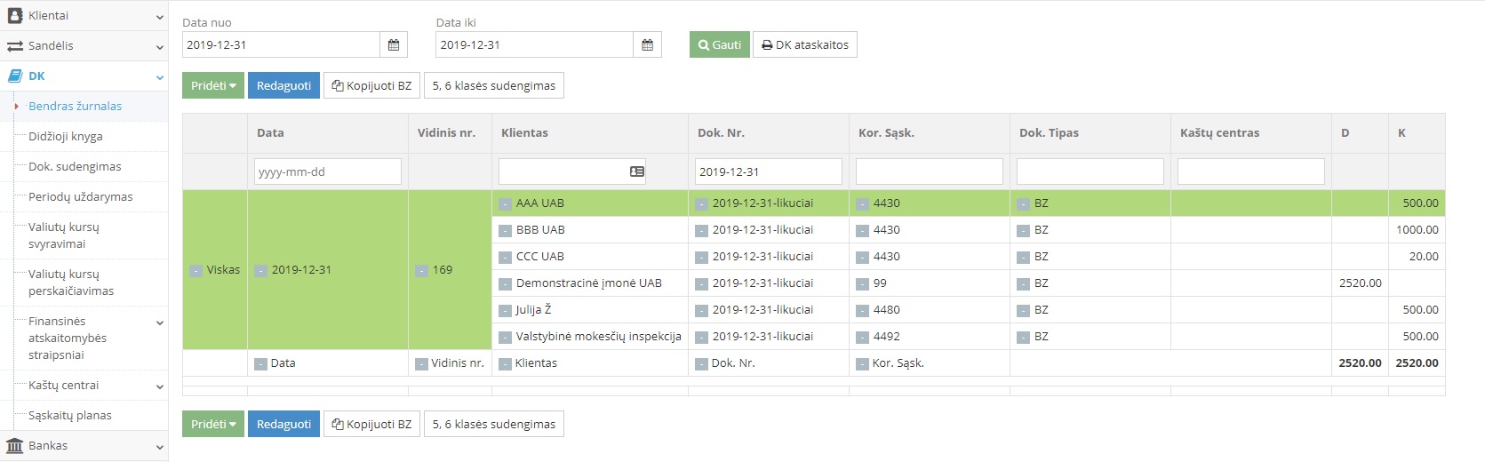 Bendro žurnalo įrašo koregavimas