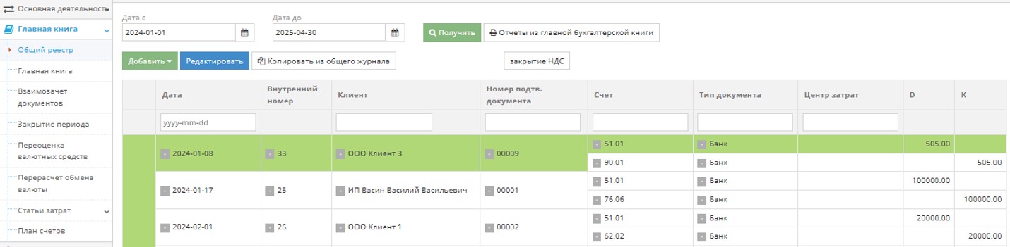 Окно редактирования записи в главной книге