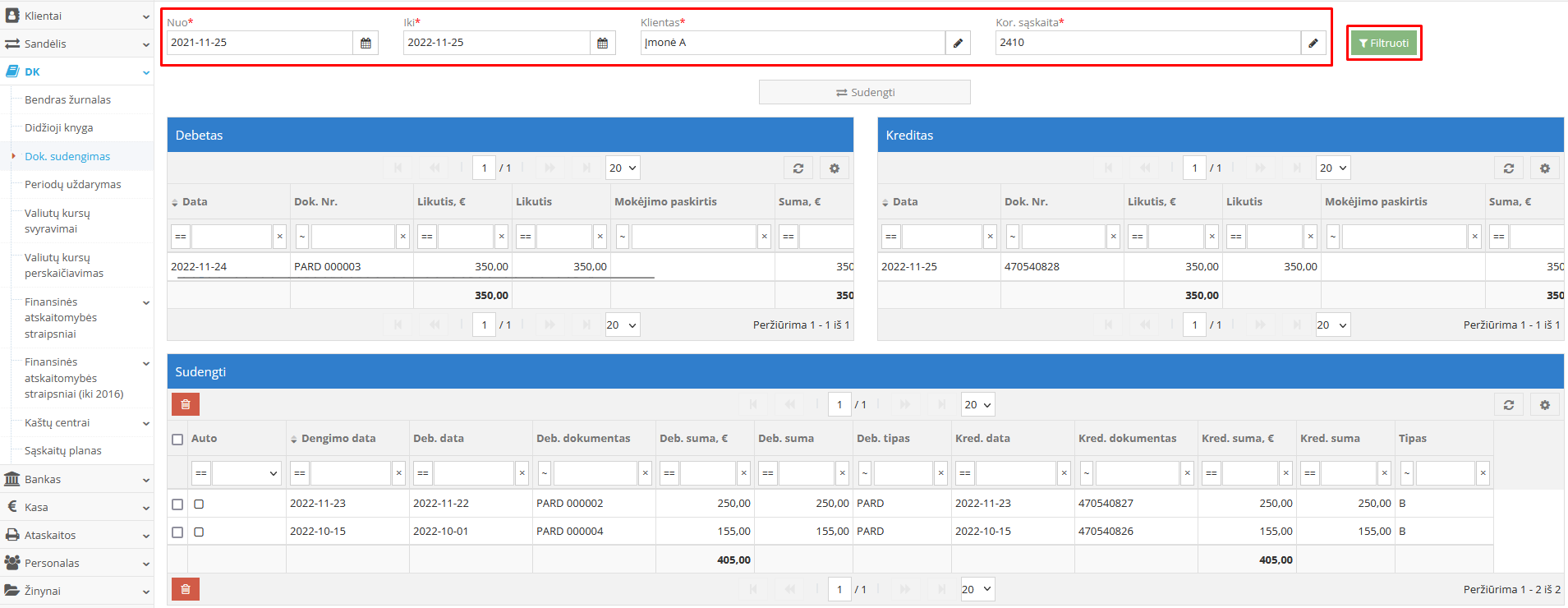Форма для урегулирования документов, выбор клиента и счета