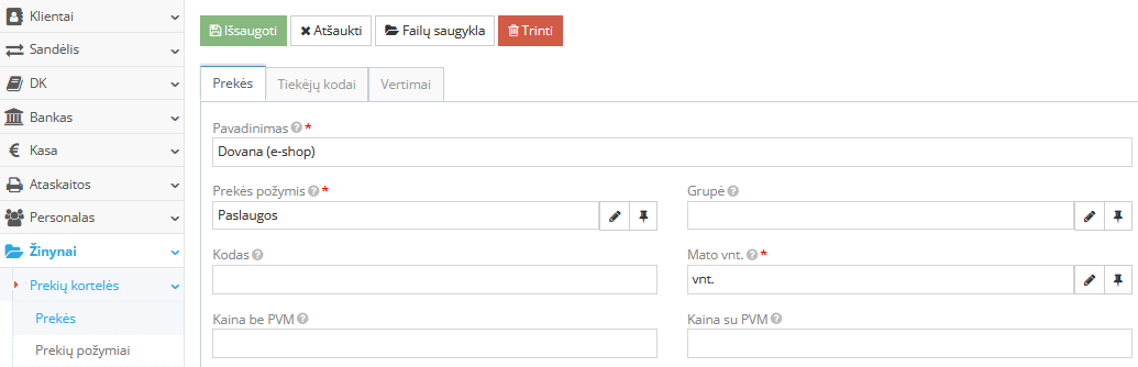Dovanų čekio pozicijos kortelės kūrimo langas e-parduotuvėje