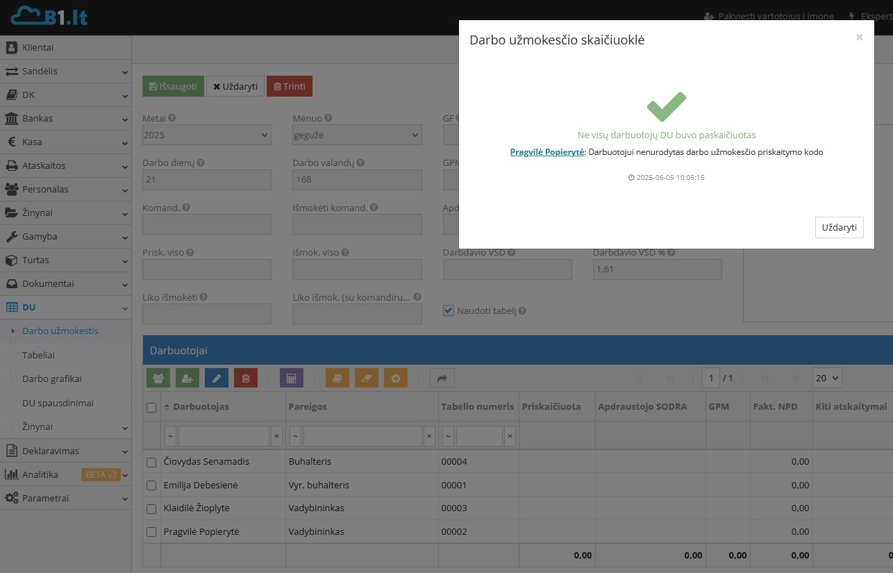 DU skaičiavimo rezultato pranešimo langas