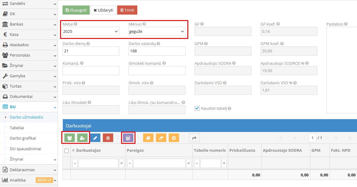 Atlyginimo skaičiavimo mygtukas DU modulyje