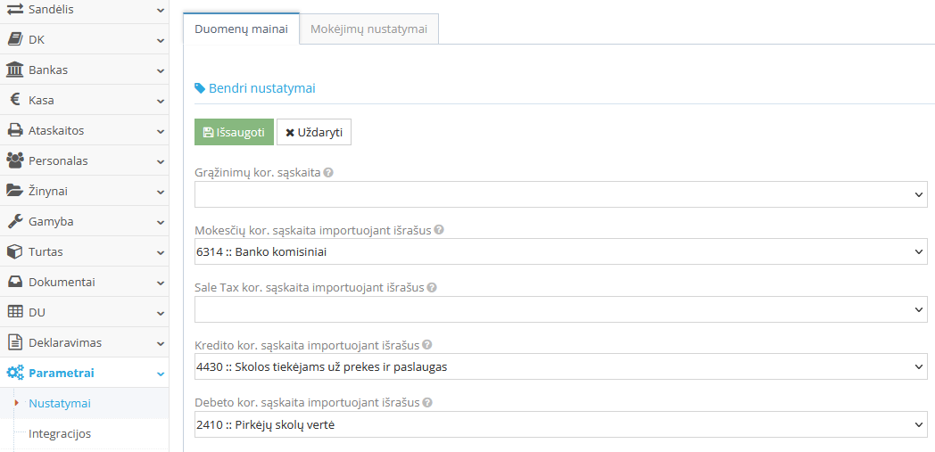 Duomenų mainų nustatymų iliustracija programoje