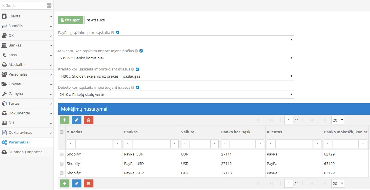 Duomenų mainų nustatymų langas su Shopify integracija