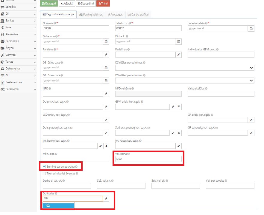 Valandinio darbo apskaitos nustatymai sutartyje