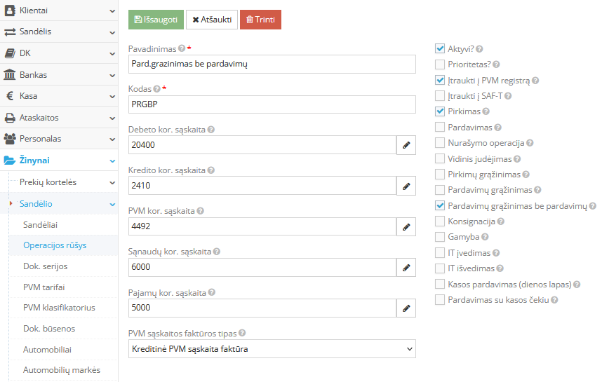 Sandėlio operacijų rūšių kūrimo langas