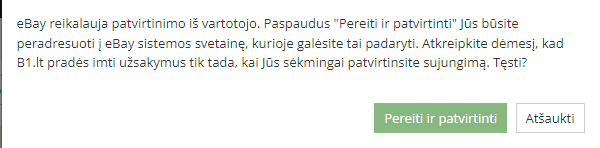 eBay integracijos patvirtinimo langas