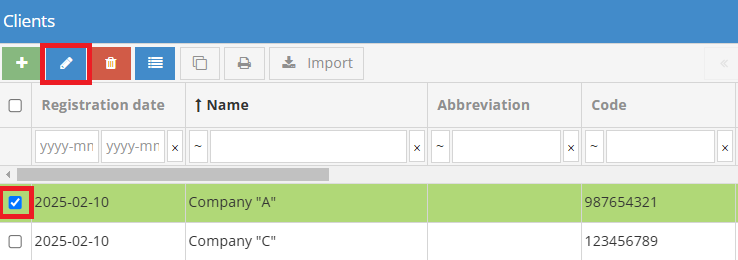 Editing client card in accounting system