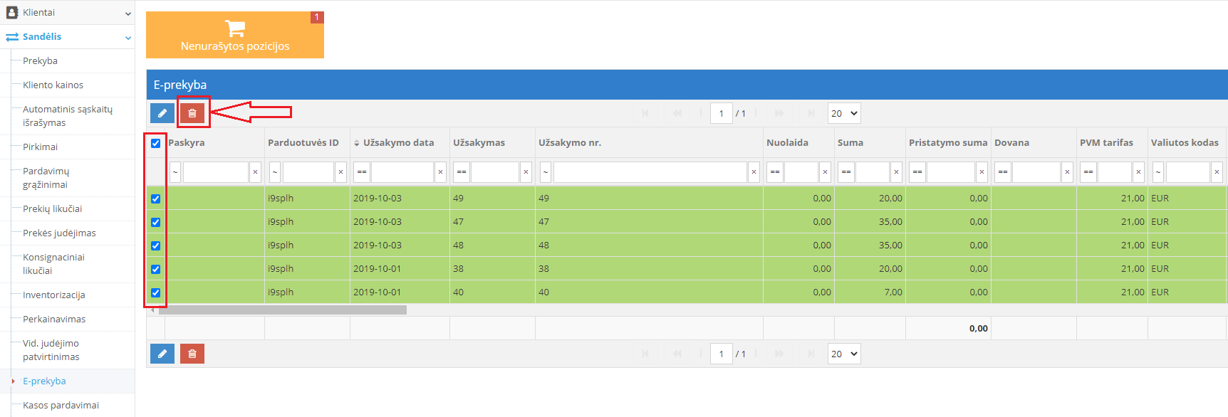 E-prekybos užsakymų trynimo veiksmas