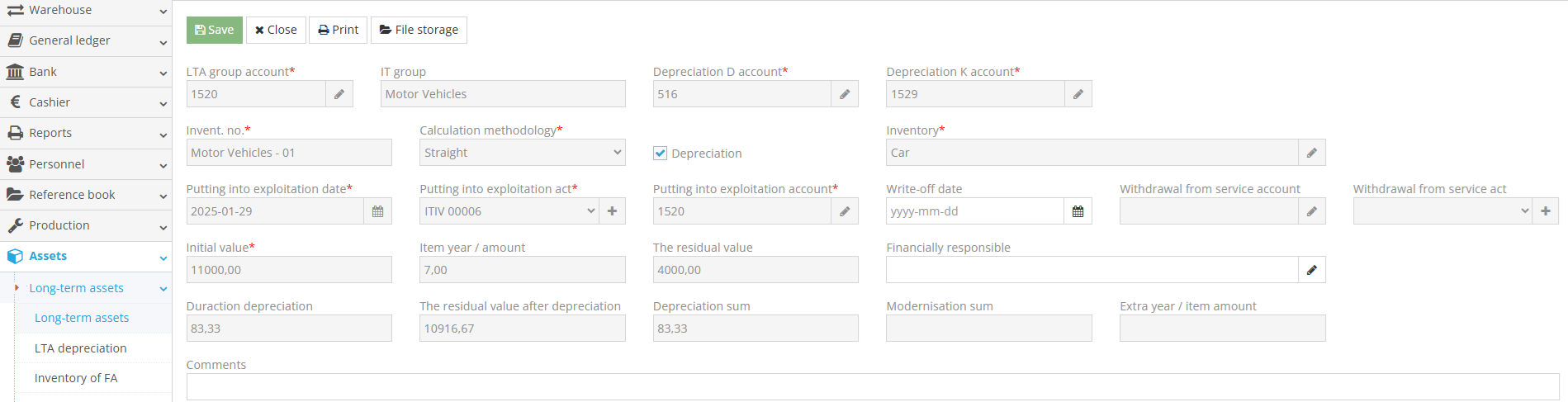 Entering a new long-term asset in the system