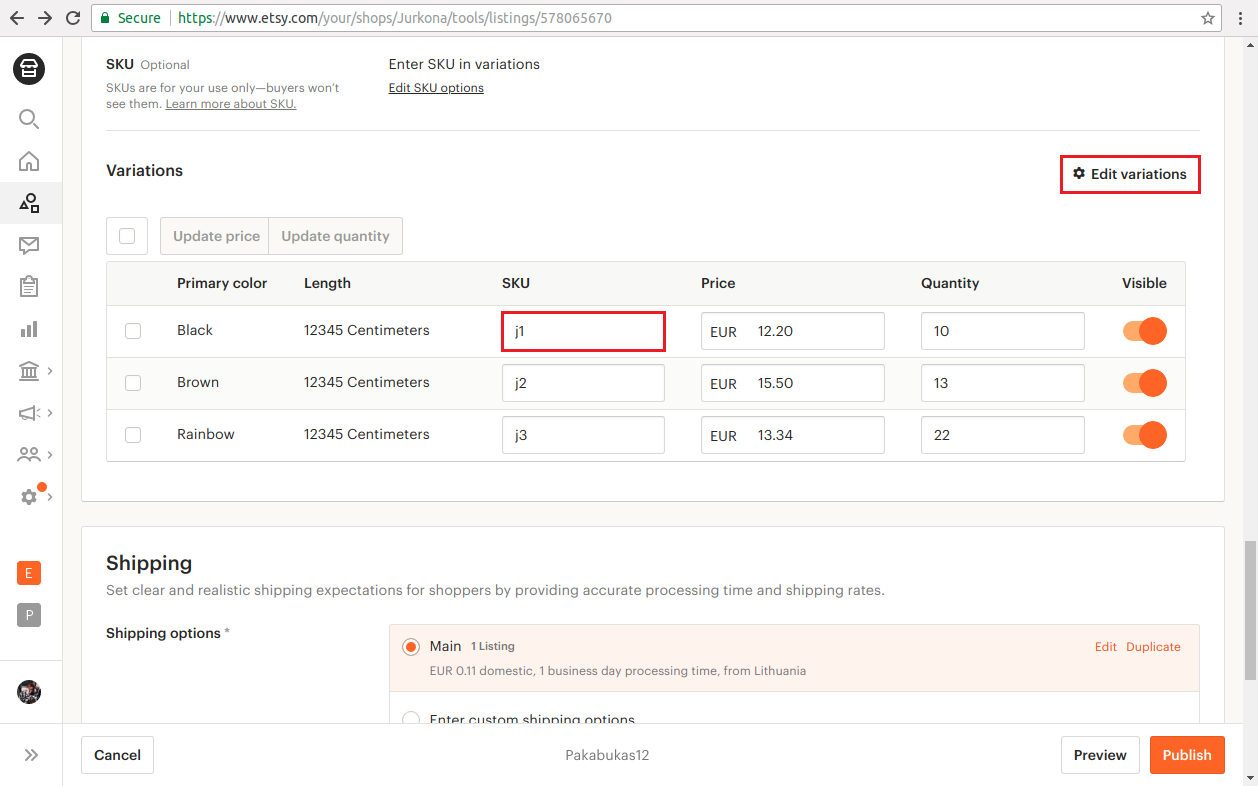 Variacijų su SKU pridėjimas Etsy parduotuvėje