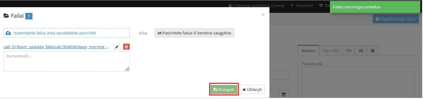 Dokumento pridėjimas ir išsaugojimas įraše