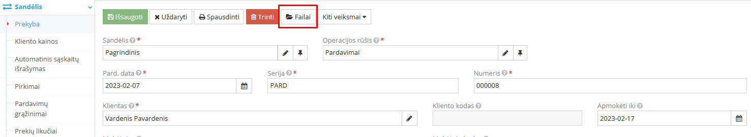 Mygtukas Failai pardavimo įraše
