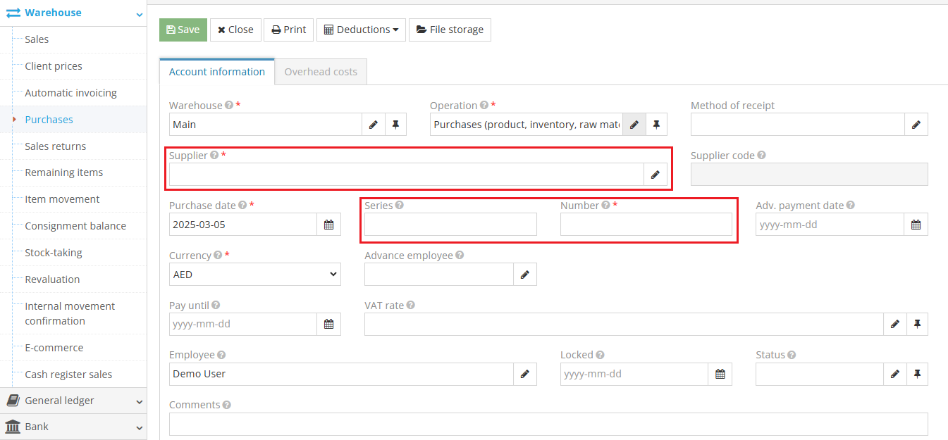 Filling in supplier and document information