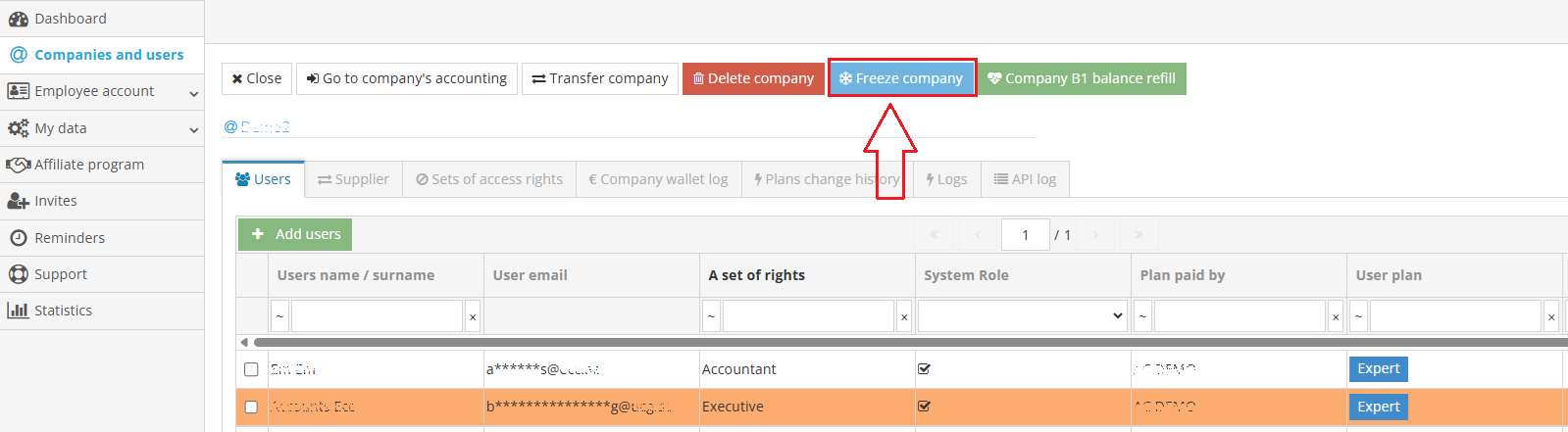 Freezing a company in the account settings