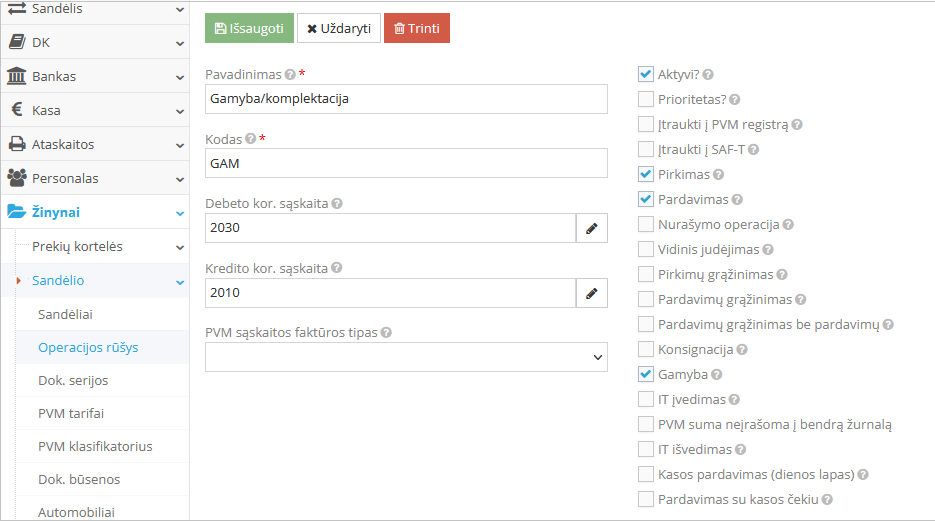 Gamybos operacijos kūrimo langas su nustatymais