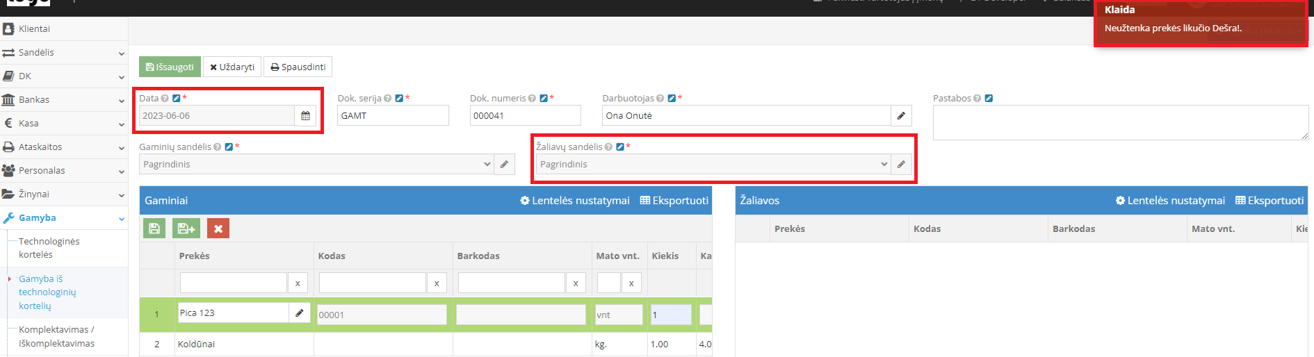 Teisingo žaliavų sandėlio pasirinkimo patikrinimas gamybai