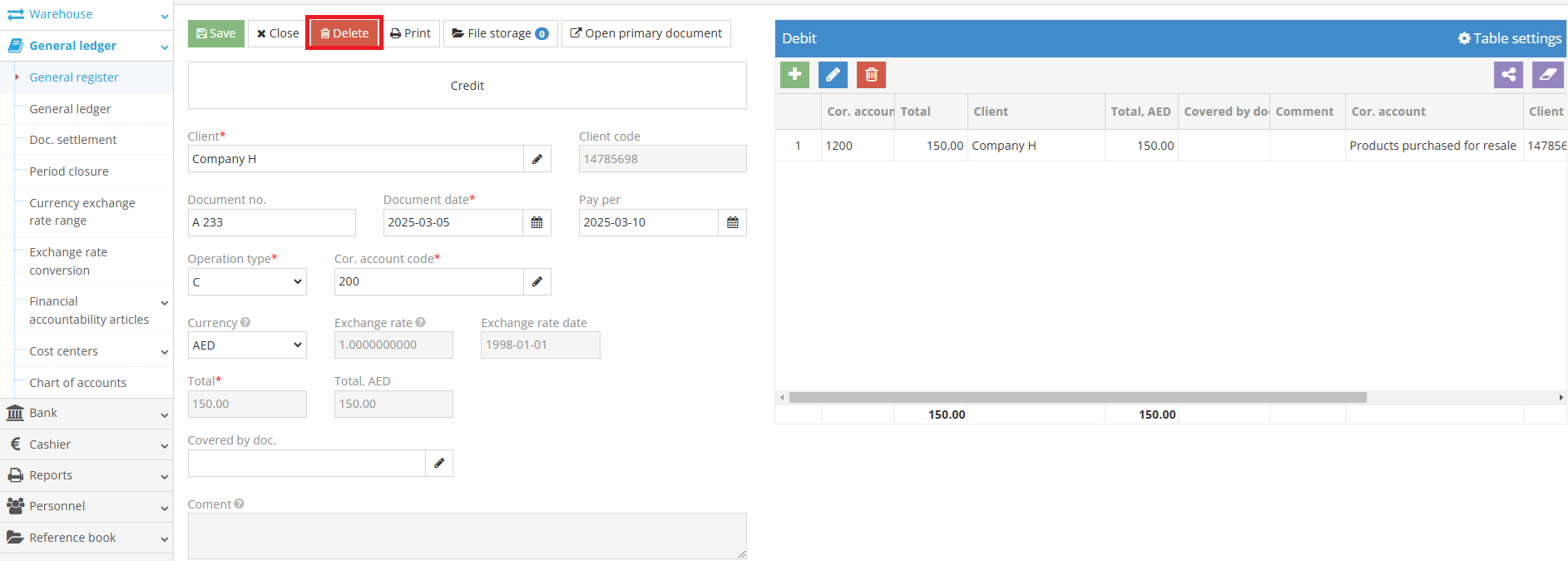 Deleting an entry in the general register