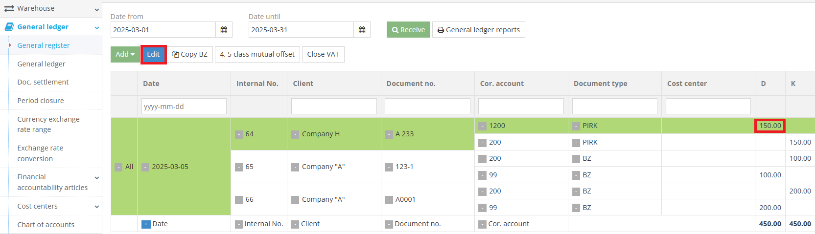 Editing or deleting an entry in the general register