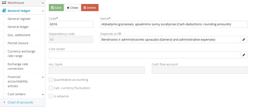 Chart of accounts showing rounding difference account creation