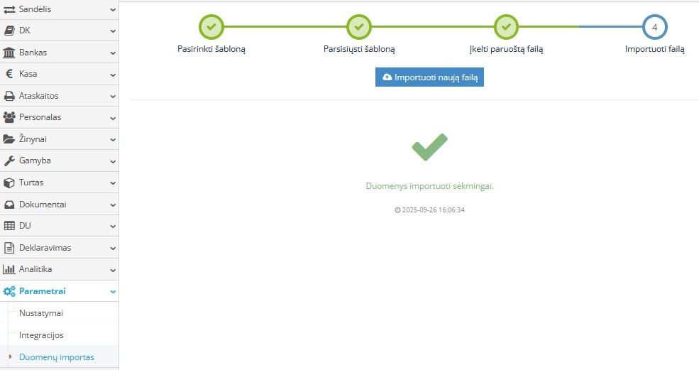 Sėkmingo GPM importo pranešimas