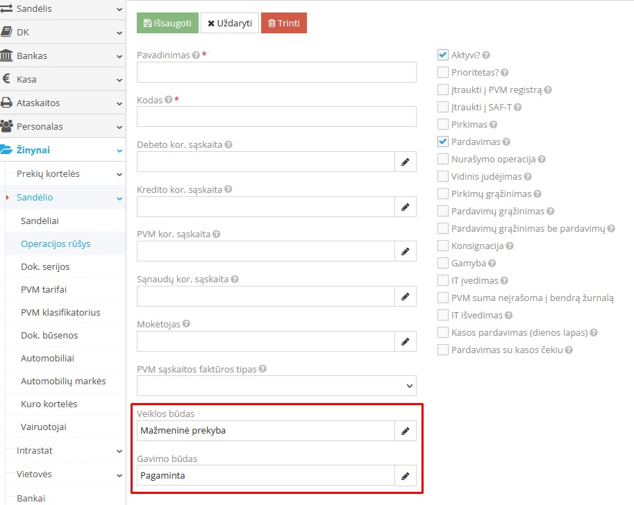 Operacijų rūšių kūrimo langas sandėlio apskaitoje