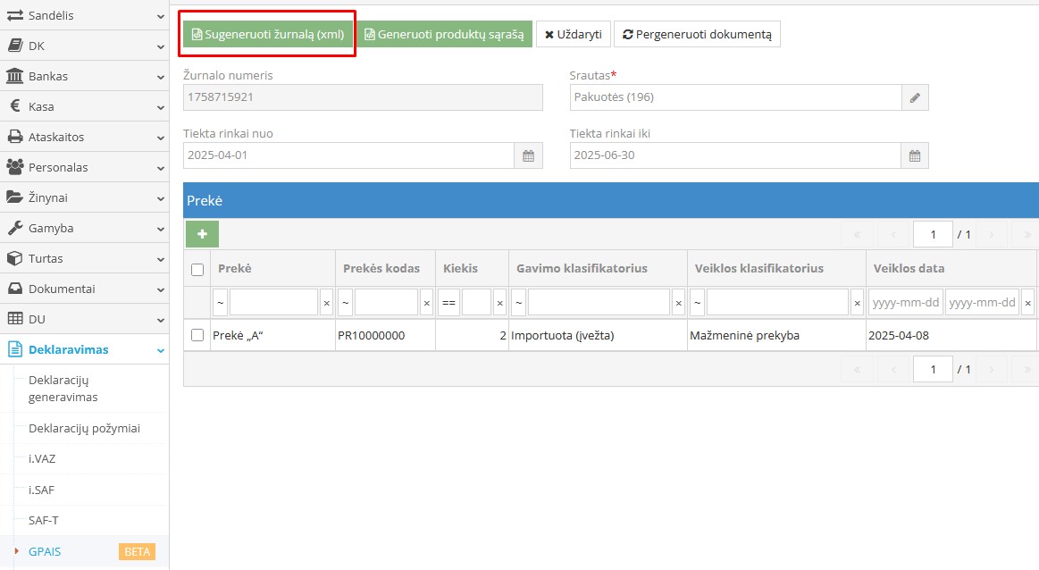 Duomenų išrinkimas ir XML failo generavimas GPAIS žurnalui