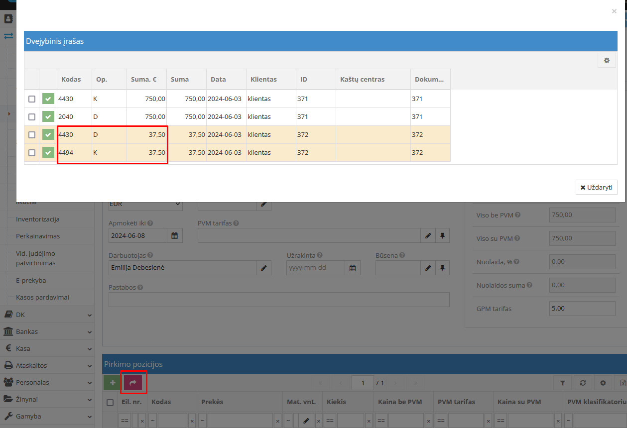 Dvejybinio surašymo patikrinimo langas