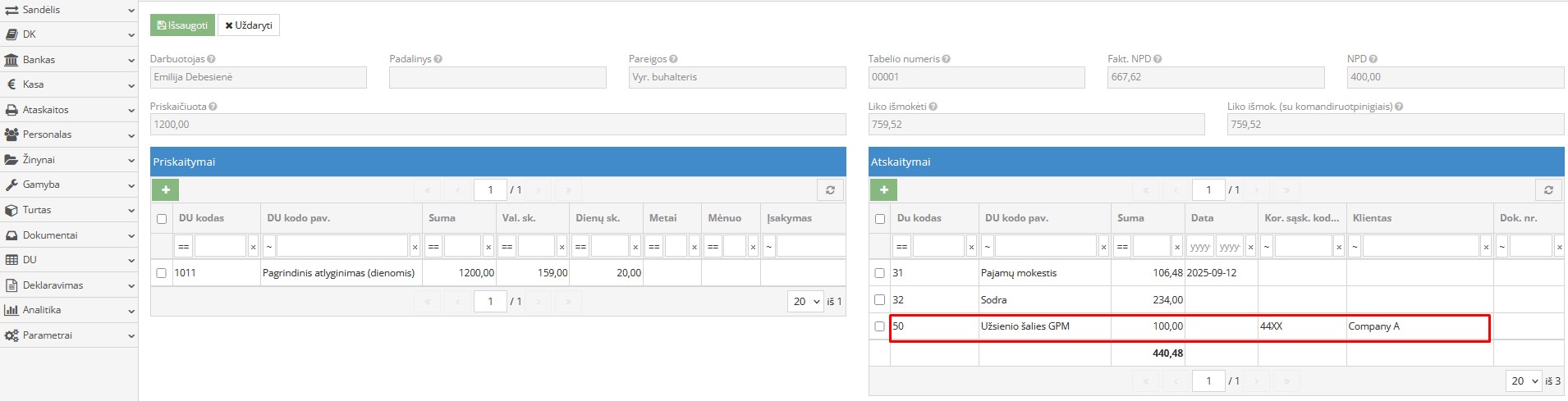 GPM įrašo atvaizdavimas darbo užmokesčio modulyje