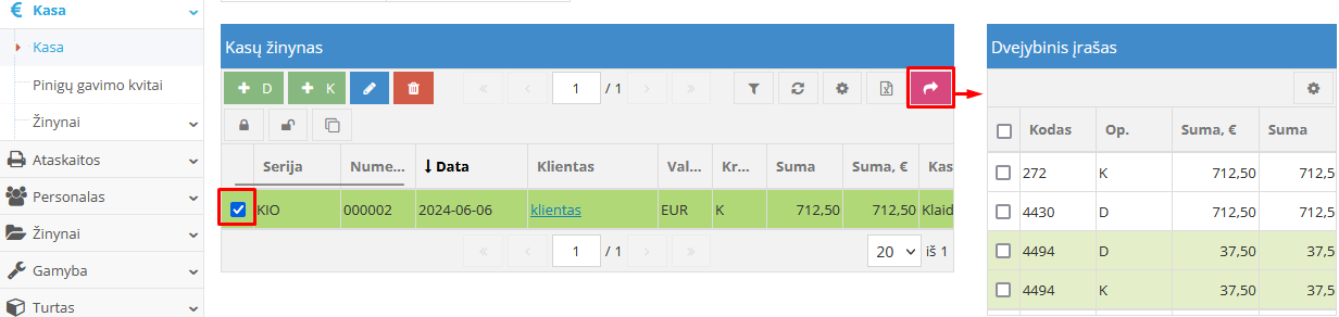 Kasos išlaidų orderio dvejybinio surašymo langas