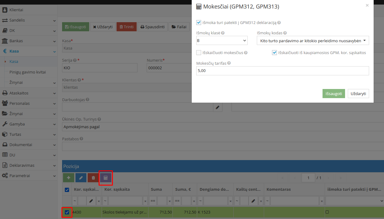 GPM mokesčio išskaitymo langas kasoje