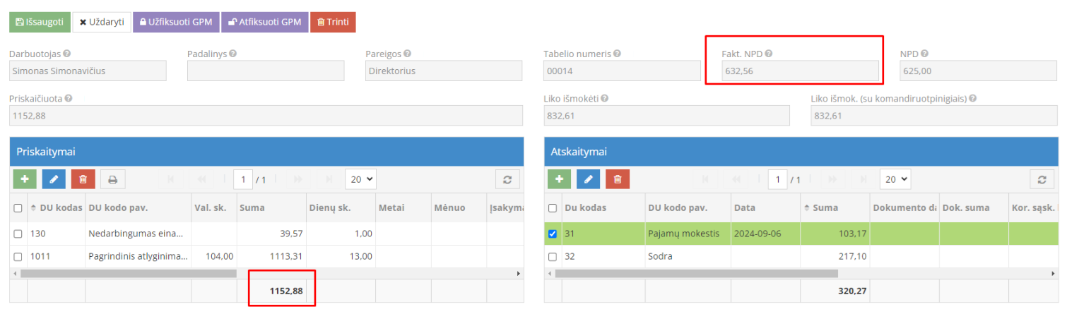 Darbo užmokesčio ir NPD skaičiavimo pavyzdys