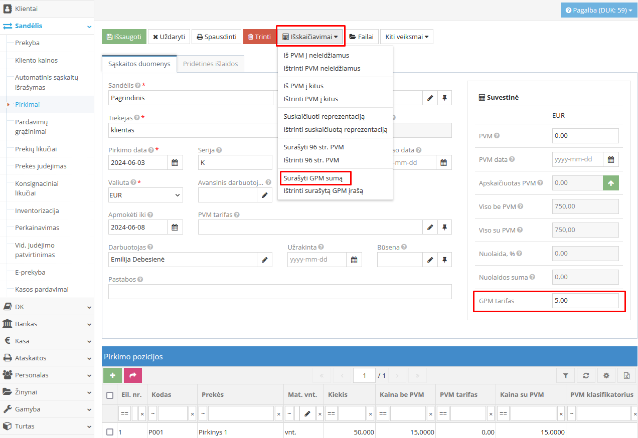 GPM priskaičiavimo langas pirkimų modulyje