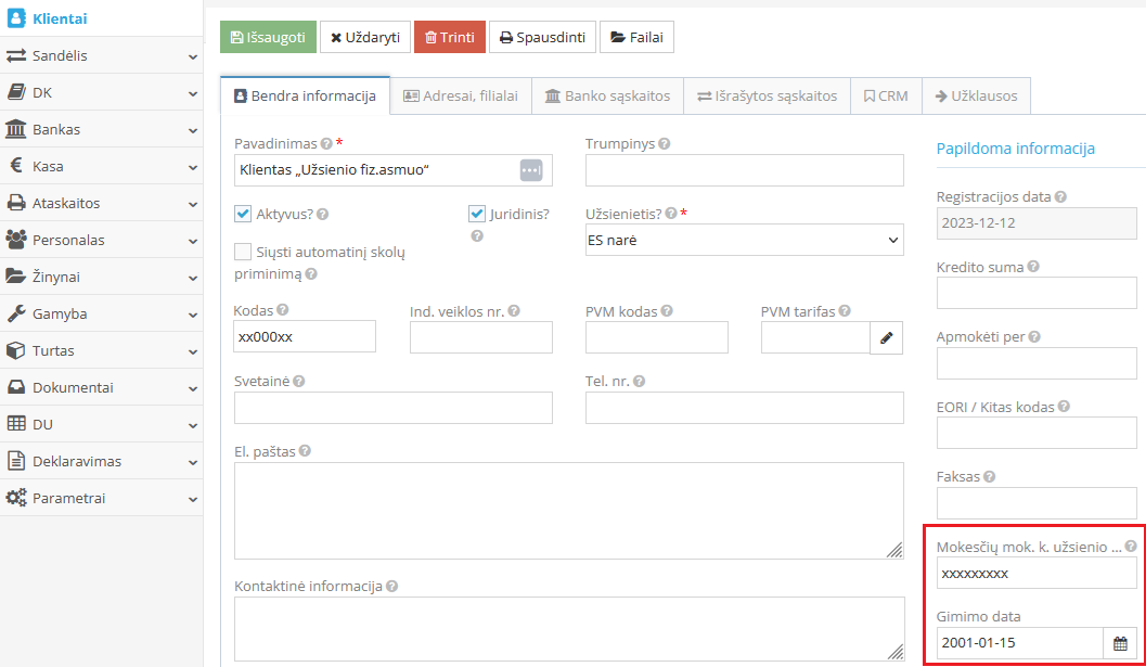 GPM312 deklaracijos užsienio fizinio asmens duomenų įvedimas