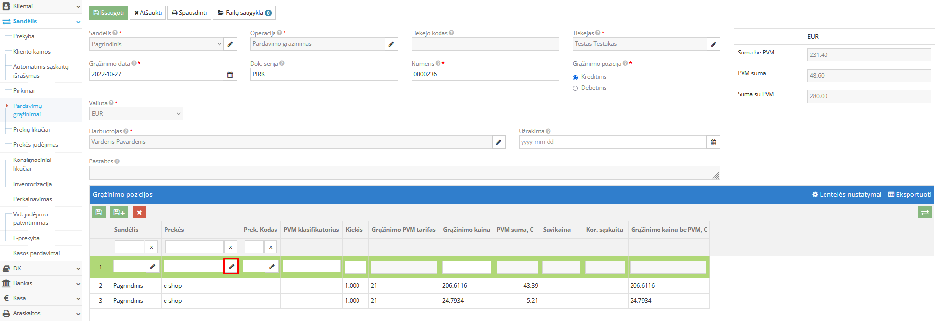 Grąžinimo įrašas su paslauga