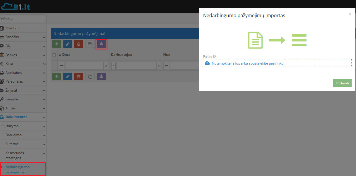 Nedarbingumo pažymėjimų failo importavimas į sistemą