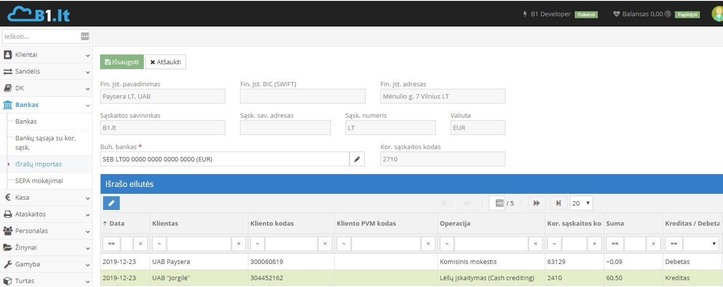 Banko išrašo įrašų tvarkymo langas